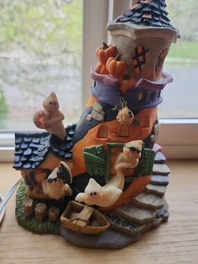 Vintage Hand Painted Halloween Haunted House Figurine with Ghosts and Pumpkins
